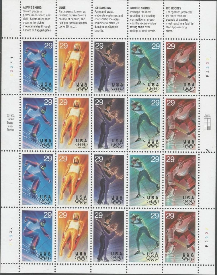 Sheet of 20 stamps - Scott 2807-11 - 29 cent - Winter Olympics - 1994 - MNH - Image 1 of 1