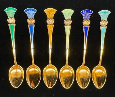 Juego de 6 cucharas superiores de cardo esmaltado enchapado en oro de ley J. Tostrup Noruega Foto 1 de 4