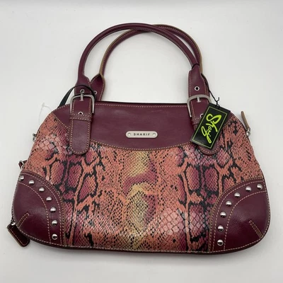 Sharif Studio Embossed Snake  Leather Trim Expanding Purse Burgundy Dust Bag NEW - Image 1 of 4