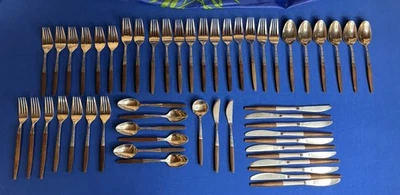 Vintage Interpur Brown Handle Stainless Flatware Lot of 50 Pieces Japan INR2. - Image 1 of 4