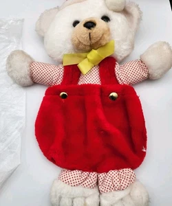 VTG Plush Teddy Bear Pajama Bag Stocking Hang Red Overalls 1980s Christmas Decor - Picture 1 of 9