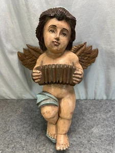 Vintage handgeschnitzte & bemalte Holz große Engel Putti Skulptur 18 "H x 15" B - Bild 1 von 9