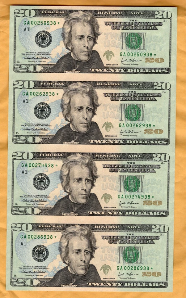uncut sheet of 4 Series 2004A $20 star (replacement) Federal Reserve Notes - Image 1 of 2
