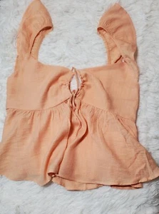 Be Cool Womens Peek-A-Boo Chest Ribbed Crop Top Ruffled Short Strap - Peach - LG - Picture 1 of 2