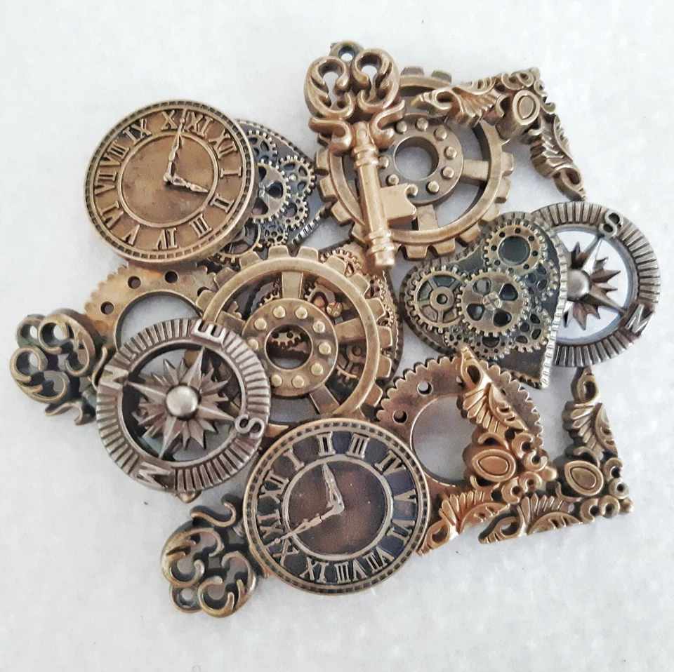 Plastic Button Charm - Steampunk Antique Gold Brass Copper - Clock Key Cog Heart - Image 1 of 1