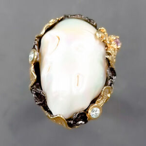 Natural gemstone Baroque Pearl Ring 925 Sterling Silver Size 7.5 /R339259