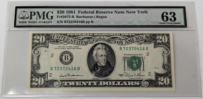 1981 $20 Federal Reserve Note New York Fr#2073-B PMG 63 - Image 1 of 2