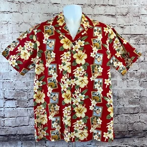 Evergreen Island Men's Red Postcard Floral Print Short Sleeve Hawaiian Shirt M - Picture 1 of 8