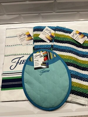 Juego de 4 toallas de cocina Fiesta 2-Diamonte, 1 logotipo y soporte nuevo con etiquetas azules verdes Foto 1 de 4