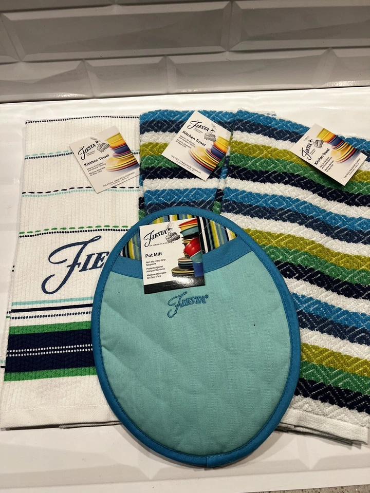Fiesta Logo Blue Kitchen Towel and Matching Oven Mitt Fiestaware