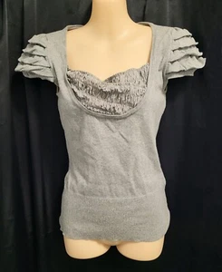 GUESS Jeans Grey Woven Cotton Knit Short Sleeve Top Size M - Picture 1 of 7