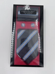 Set fazzoletti e gemelli cravatta da uomo Carolina Bay quadrati argento blu nuovi con scatola - Foto 1 di 3