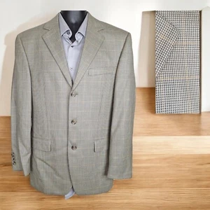 Andrew Fezza Sport Coat Blazer Mens 38R Beige Plaid 3 Button Ventless Silk Wool - Picture 1 of 9
