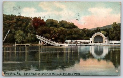 Postal Banda Pabellón Mostrando Lago, Pendora Park, Reading PA Publicado 1908 Foto 1 de 2