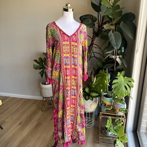 Naudic Maxi Dress Size S 8/10 V-Neck Long Sleeve Cotton Maxi Pink Boho Pom Poms - Picture 1 of 22