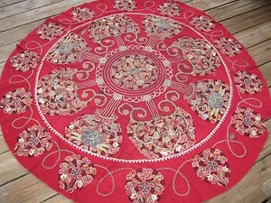 ANTIQUE 1890-1900 SUSANI SILK ROUND TABLE COVER AMAZING WORK OF ART - Picture 1 of 12