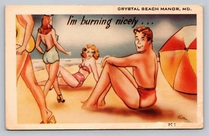 Crystal Beach Manor MD Damen Mann Strand I'm Burning schöner Humor c1947 Postkarte - Bild 1 von 2