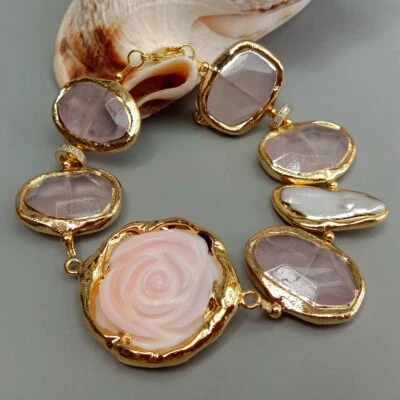 Brazalete de perlas Biwa blancas flor concha de mar facetada de cuarzo rosa natural Foto 1 de 4