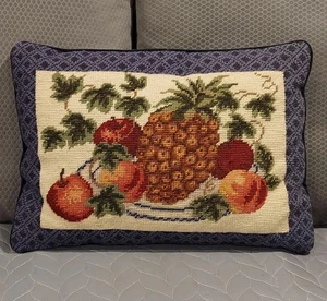 Vintage PINEAPPLE Wool Needlepoint Pillow FRUIT BLUE Velvet Back 16" x 12" - Picture 1 of 12