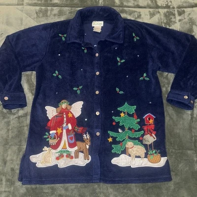 The Quacker Factory Fleece Jacket Women's Medium Blue Christmas Vintage - Image 1 of 4