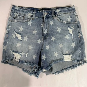 Judy Blue Denim Shorts Womens XL Star Print Distressed Cut-Off Raw Hem JB1581 - Picture 1 of 8
