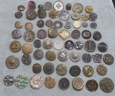 65 Antique Vintage Metal Picture Buttons VARIOUS SIZES PATTERNS - Image 1 of 4