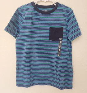 Lands' End Medium Boys Short Sleeve Pocket T Shirt Blue With Green Stripe - Picture 1 of 9