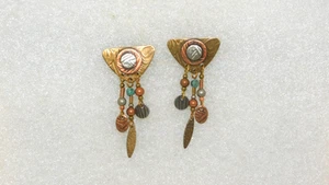 METAL 1 7/8" BRASS COPPER DANGLING COLOR BEAD DISC DROP PIERCED EARRINGS - Picture 1 of 3