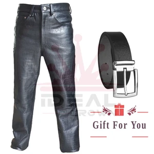 Herren Biker Jeans schwarz Kuh Krokodildruck Leder elegant und sexy 501 Stil Hose - Bild 1 von 3