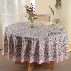 Bohemian Pink Floral Tablecloth 100% Cotton Hand Block Printed Round Table Cover - Picture 1 of 7