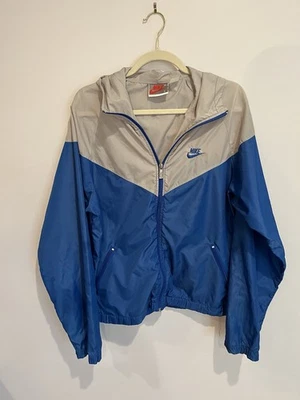 Vintage 80s Nike Windrunner Nylon Windbreaker Jacket Swoosh Blue Gray Hood Zip - Image 1 of 4