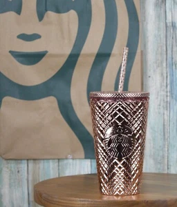 Starbucks Rose Gold Chrome Metallic Jeweled Grande 16oz Cold Cup - Picture 1 of 5