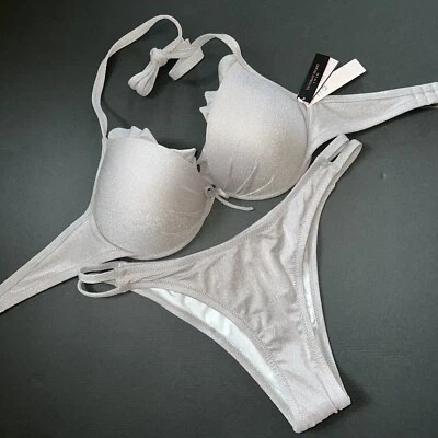 Victoria's Secret 34D,34DD,34DDD BIKINI L parte inferior con tiras GRIS PLATEADO brillante Foto 1 de 4