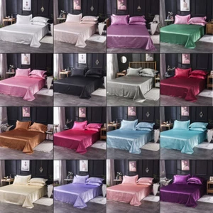 Super Soft Luxury Satin Silk Flat Bed Sheet  Bedding 16Colours Bedroom Decor New - Picture 1 of 24