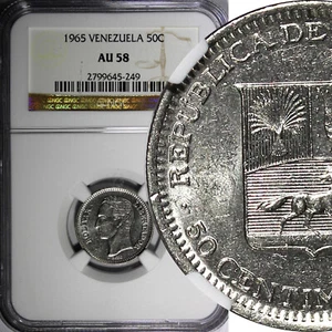 Venezuela Nichel 1965 50 Centimos Simon Bolivar NGC AU58 Y# 41 (249) - Foto 1 di 5