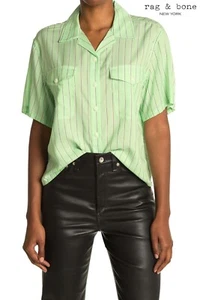 RAG & BONE NWT $195 JOON SHORT SLEEVE CROPPED BOXY RAYON GREEN STRIPE SHIRT. L - Picture 1 of 14