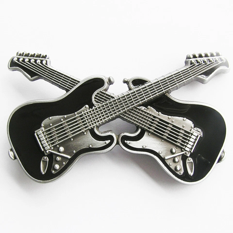 Crossed Guitars Country Rock & Roll Music Black Enamel Metal Fashion Belt Buckle - Image 1 of 1