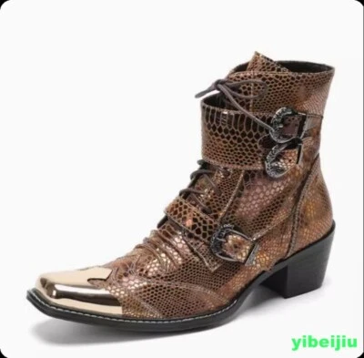 Men's Rock Rivets Metal Toe Ankle Boots Snakeskin Pattern Dress Shoes Leather SZ - Image 1 of 4