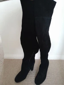 M&S Autograph Ladies Long Black Suede Boots Size 4.5 Fold Over Top HighHeel 1518 - Picture 1 of 15