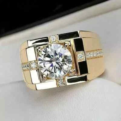 3.00Ct Round Cut Lab Created Diamond Wedding Men's Ring 14k Yellow Gold Plated - Image 1 of 4