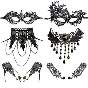 6Pcs Women Masquerade Lace Eye Mask Choker Necklace Gloves Halloween Costume Set - Picture 1 of 14