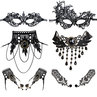 6Pcs Women Masquerade Lace Eye Mask Choker Necklace Gloves Halloween Costume Set - Image 1 of 4