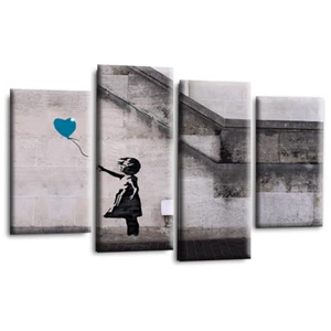 Banksy Wall Art Teal Living Room Bedroom Balloon Girl Canvas Picture Framed - Picture 1 of 6