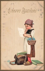 Happy Birthday geprägt Postkarte niederländisches Mädchen Brief Korb Blumen - Bild 1 von 2
