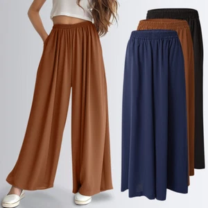 Women Summer Pants Wide Leg Crop Pants Elastic Waist Pocket Pant Loose Plus Size - Picture 1 of 15