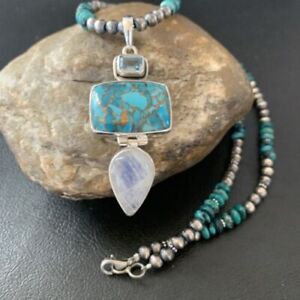 Collier pendentif bleu mohave turquoise perles navajo argent sterling 11820