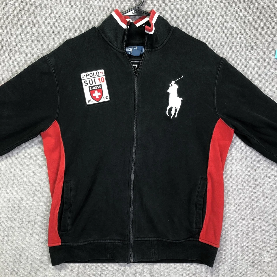 Polo Ralph Lauren Jacket Mens Large Black Red Full Zip Track SUI 10 Big Pony - Image 1 of 4