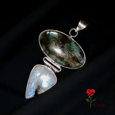  ​✨ Impresionante colgante de lágrima de plata 925 con bisagras 4642 de labradorita y piedra lunar  Foto 1 de 4