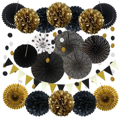 Zerodeco 21Pc Black Gold Party Decorations Hanging Fans Pom Poms Garlands - Image 1 of 4
