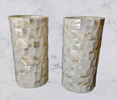 Candle Mother of Pearl Mosaic Cylinder Or Flower Vase Pair Of Two Beach House  - Image 1 of 4